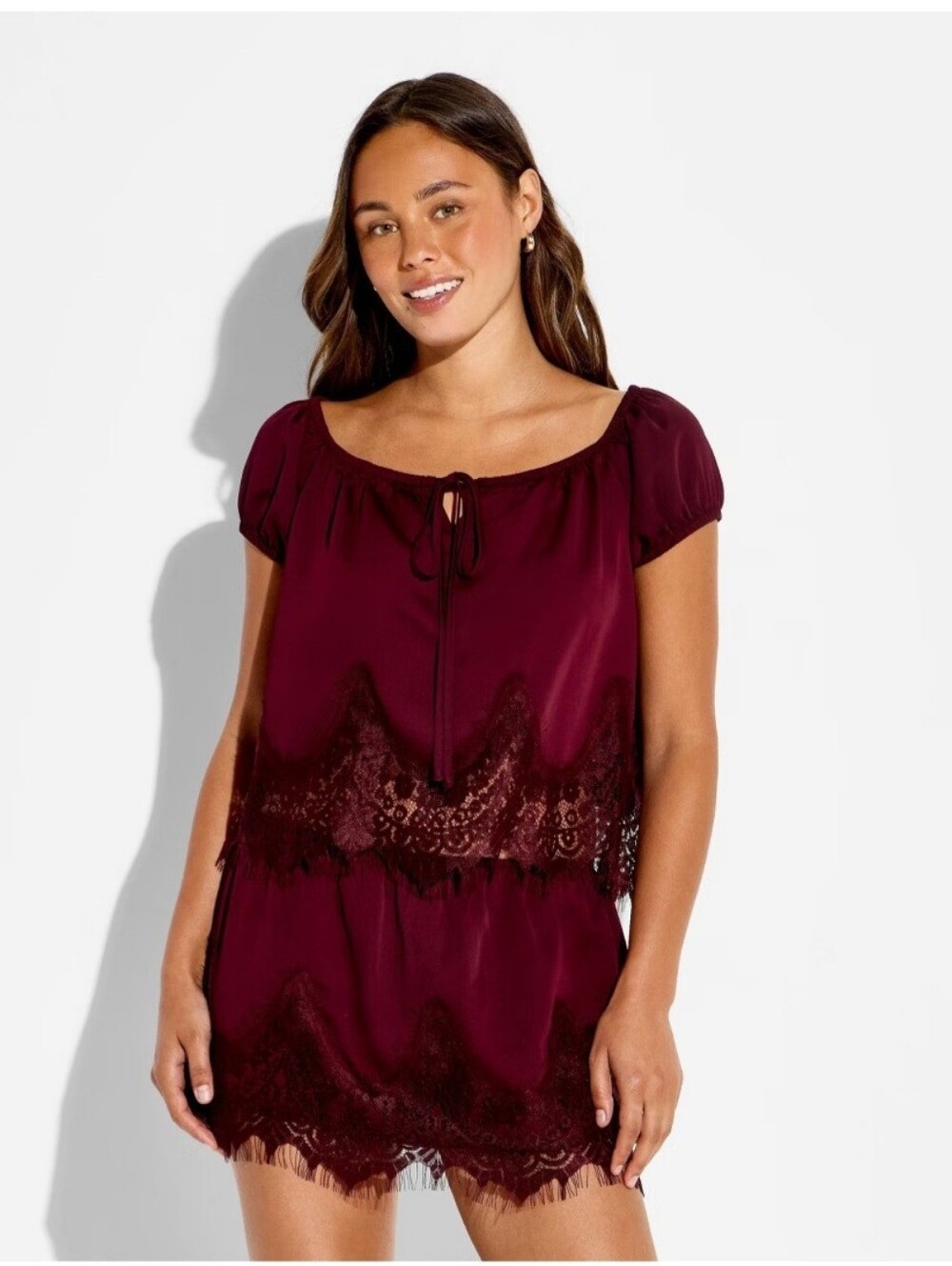 Wild Fable Women's Lace Trim Skort & Lace Trim Short Sleeve Scoop Neck Burgundy